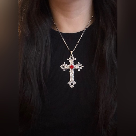 Gothic Large Crystal Cross Pendant Necklace Chain Red Crystal Unisex Jewelry - Picture 1 of 14